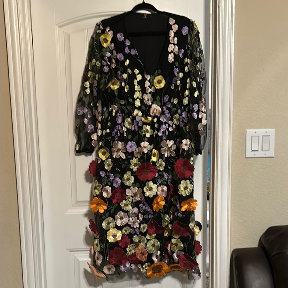 Floral Embroidered Dress - Black with Multicolor Accents